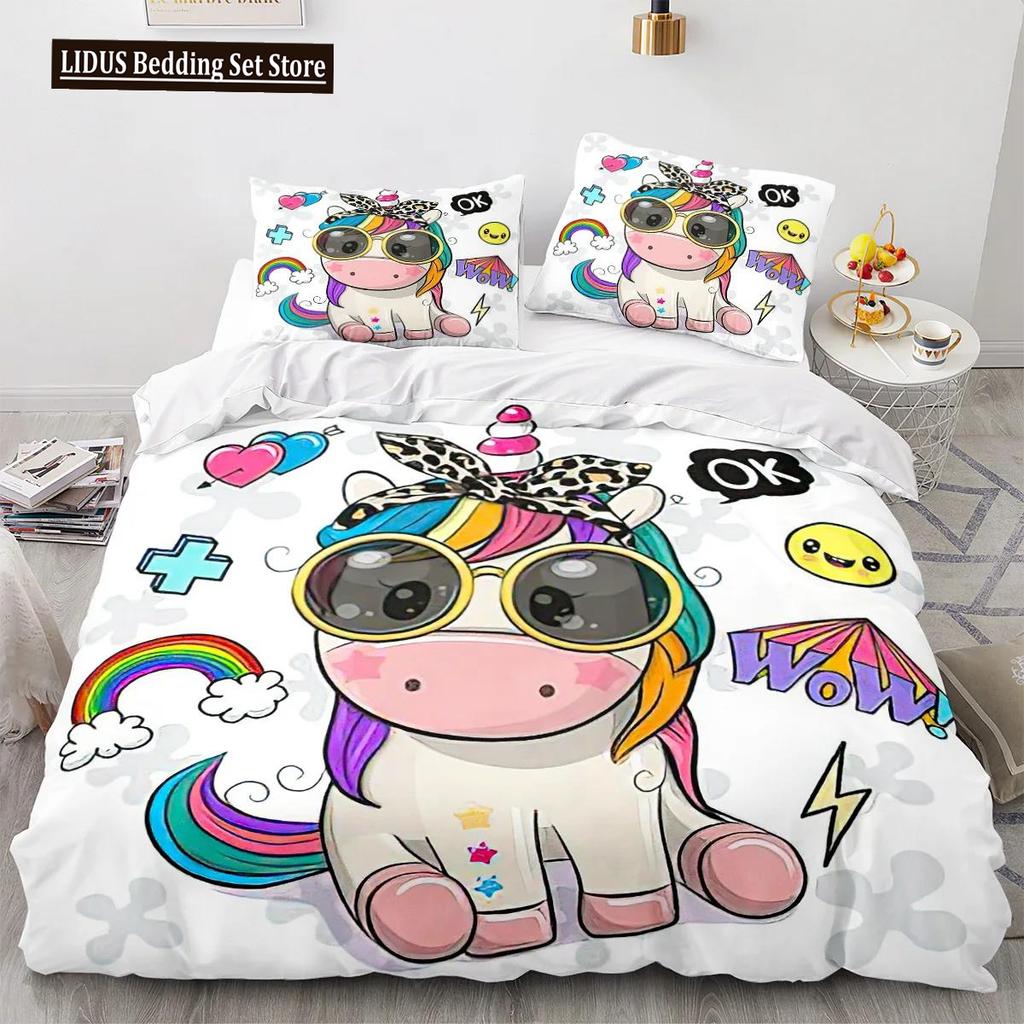 Cartoon Unicorn Duvet Cover King Queen Lovely White Mythical Animal Bedding Set Kids Girl Colorful Rainbow Polyester Quilt Cover