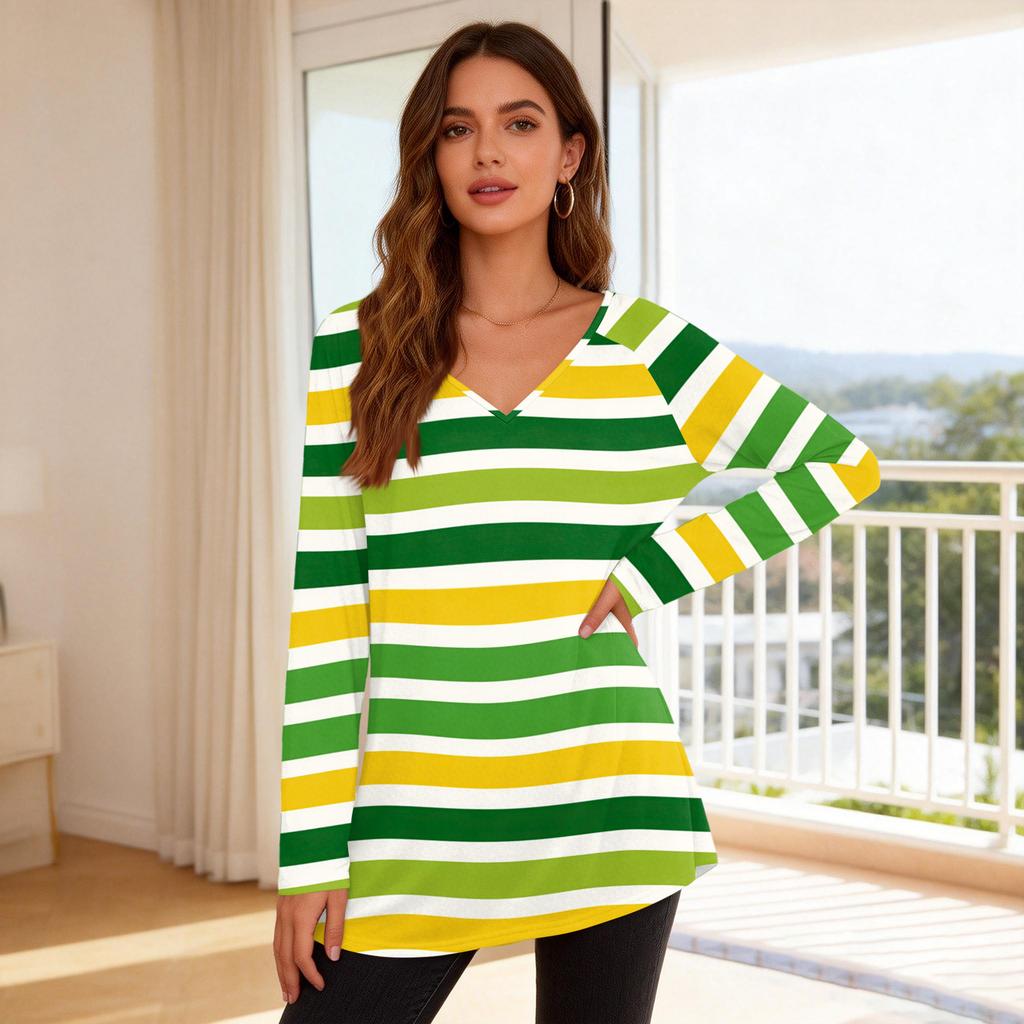 Women's Fashionable Casual Long-Sleeved Striped Print V-Neck Mid-Length Top