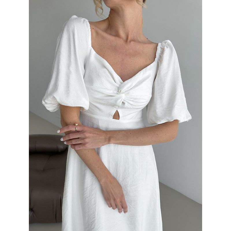 European and American Ladies Dress White Socialite Style Square-Neck Cinched Long Dress Fresh Fairy Dress 2025 Summer New Arrival