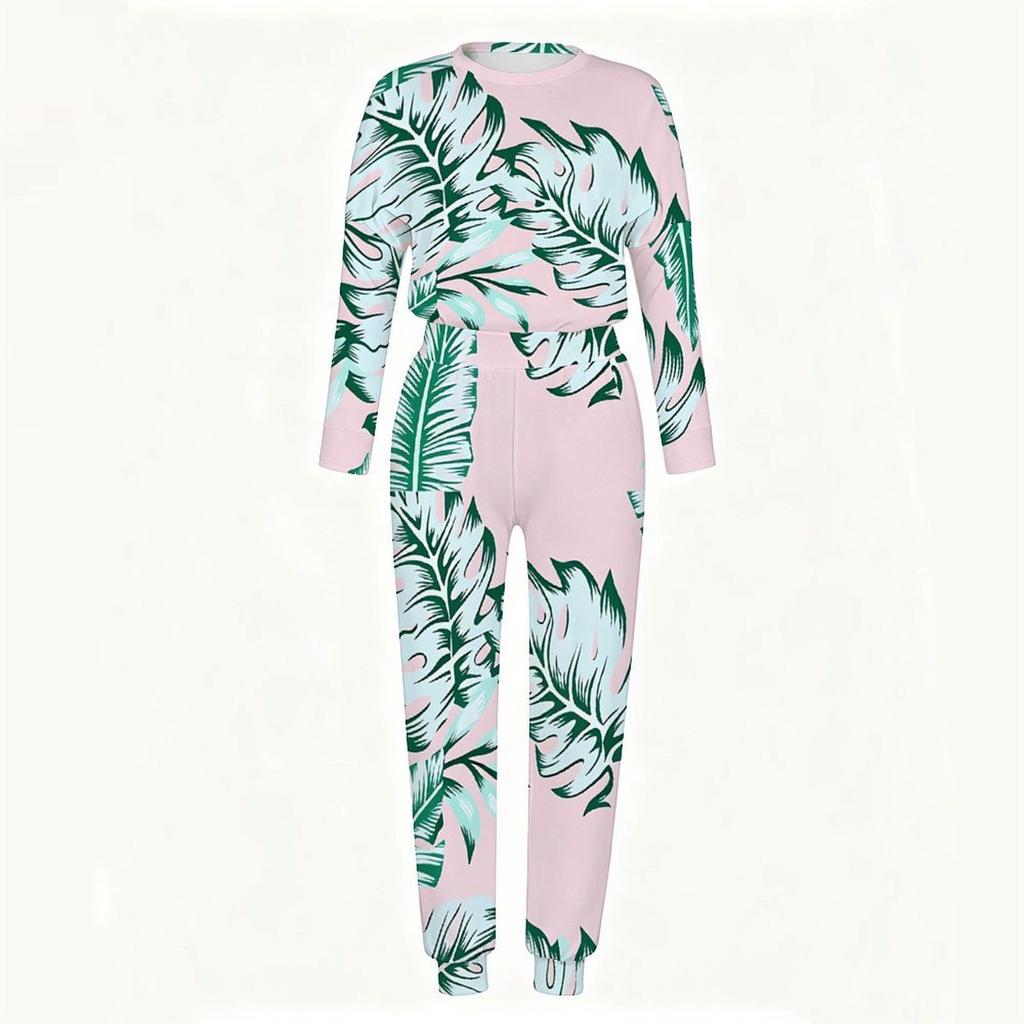 Women Crew Neck Long Sleeve Blouse And High Waist Wide Leg Trousers Two Piece Casual Suit