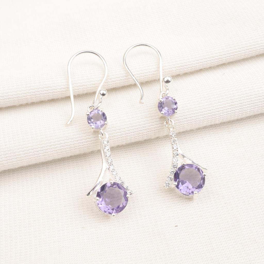 Purple Iolite Gemstone 925 Solid Silver Jewelry Partywear Zircon Earrings 1.84" CZE-9-11