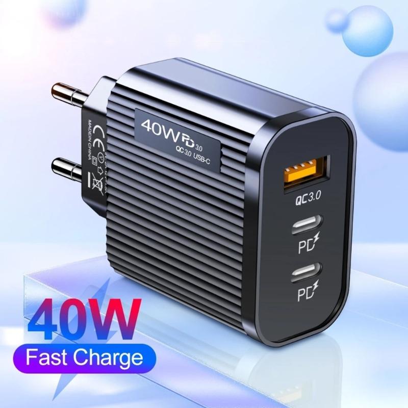 40W Double PD & USB Port Rapid Charging Block EU Plug Type C USB Wall Charger for Phone Tablet Fast Power Adapter