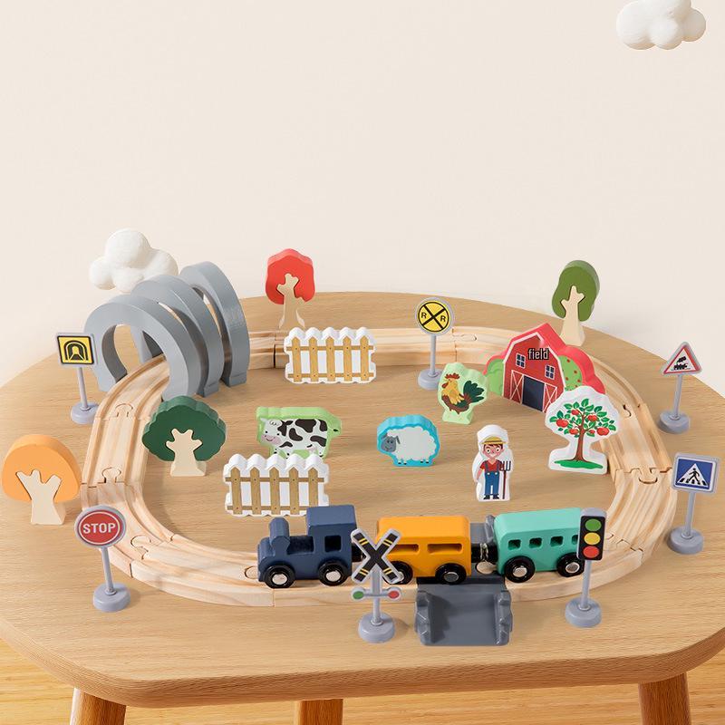 Wooden Farm Train & Building Blocks Educational Toy Set for Kids
