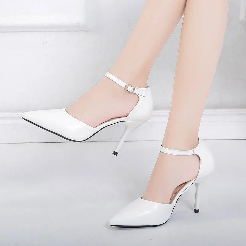Women High Heel 6cm 8CM Pumps 2024 Spring/Autumn White Ankle Buckle Strap Casual Elegent Shoes Heels Women Tacones Mujer Zapatos