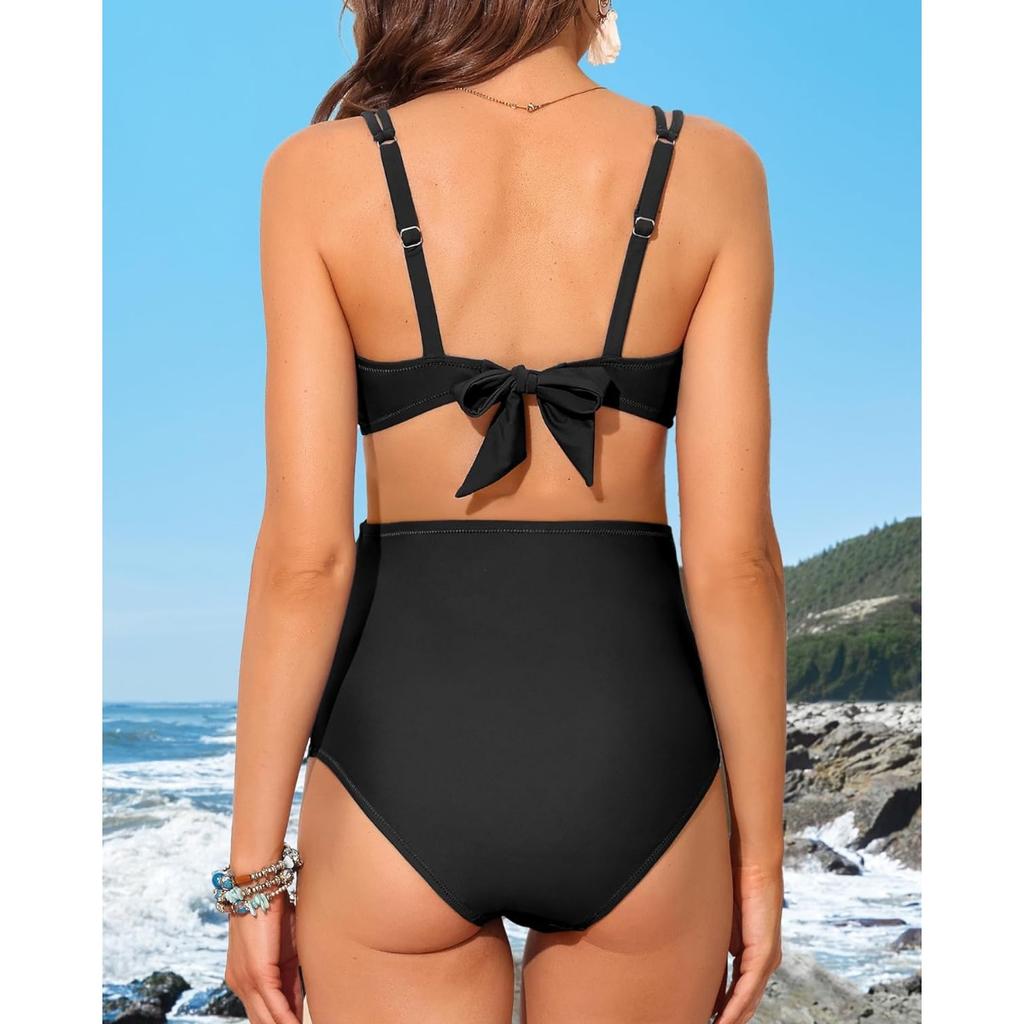 CHARMLEAKS Maternity Swimsuit Women Two Piece High Waist Bikini Scallop Trim Bathing Suit Pregnancy Swimwear