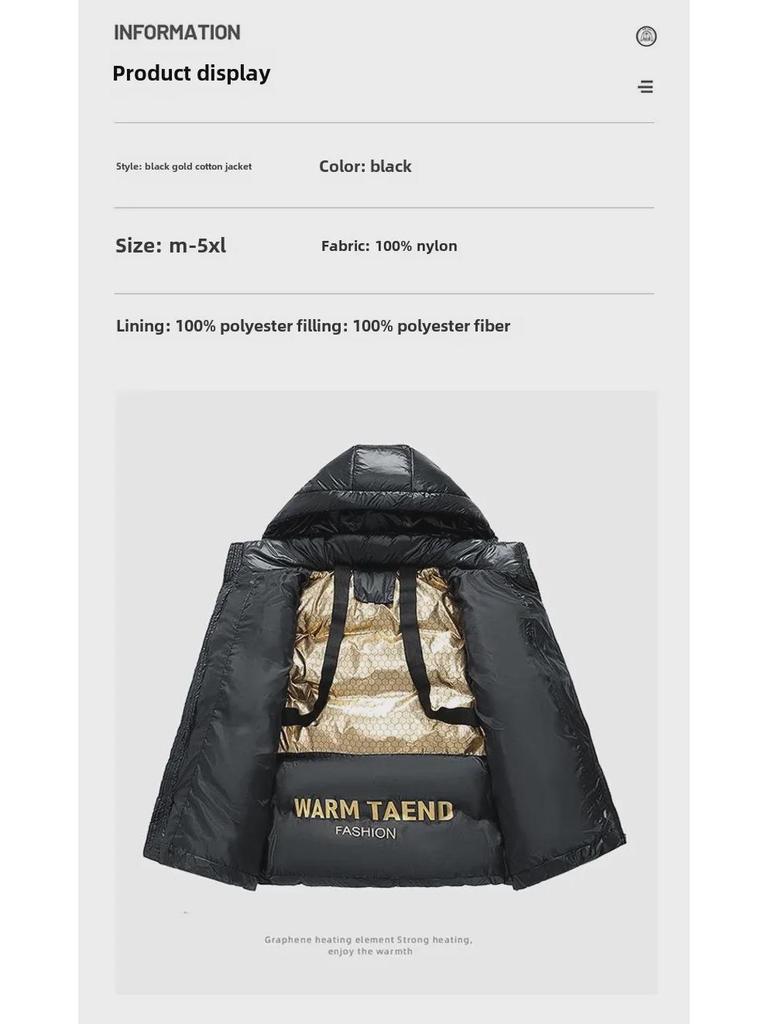 Schwarze und goldene Daunenjacke mit Kapuze für Herren: Neue trendige, dicke, warme, lockere Passform