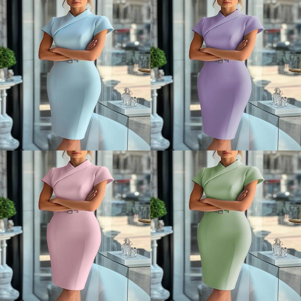 Packable Blue Polyester Bodycon Dress With Notch Collar For Office And Casual Wear