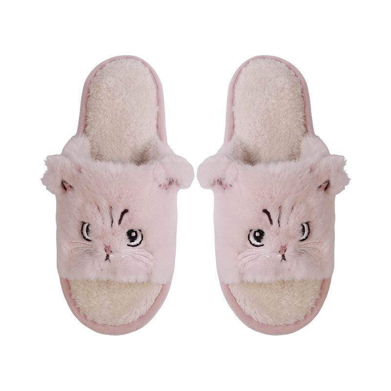 Cute cartoon home thickened warm plush soft bottom open cat cotton slippers couple