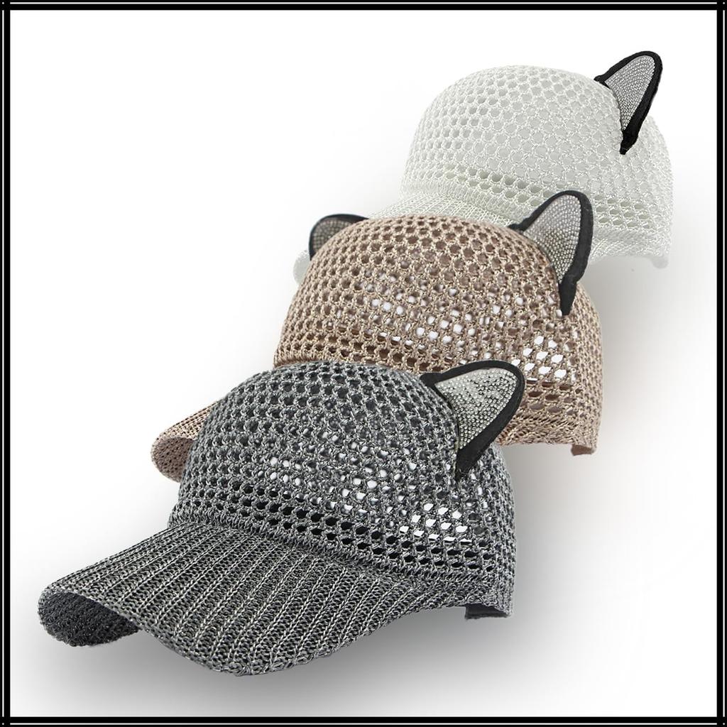 Katzenohren Kappe Mesh Hut Niedliches Design Stilvoll Sonnenschutz CZA324 [Weißer Fang] Damen (Schwarz)