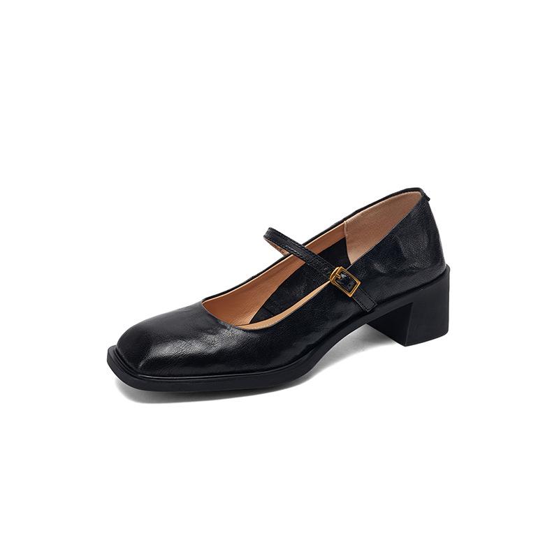 Retro Loafers Women Square Toe Mary Janes Shoes 2025 New Sping Summer Ankle Buckle Pumps Elegant Ladies Shoes Black High Heels