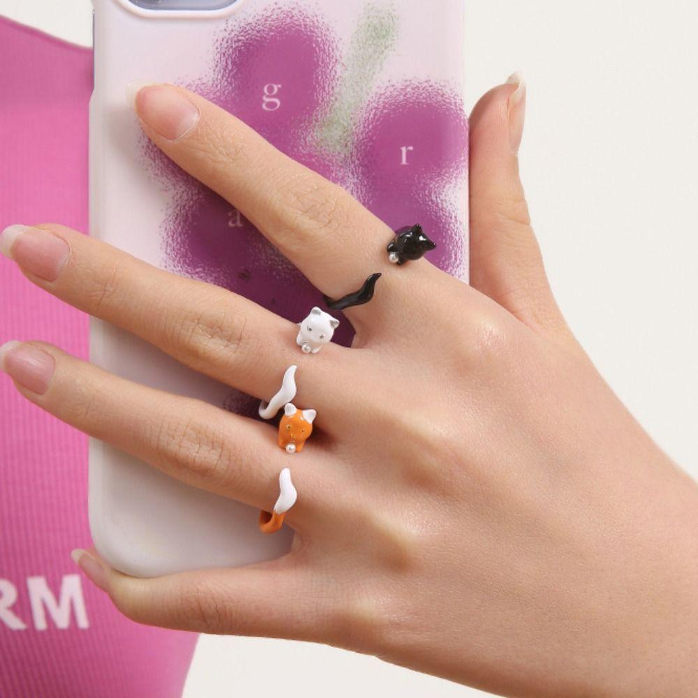 

Open Enamel Cat Ring Animal Cat Finger Ring Exquisite Kitty Rings Gift чёрный