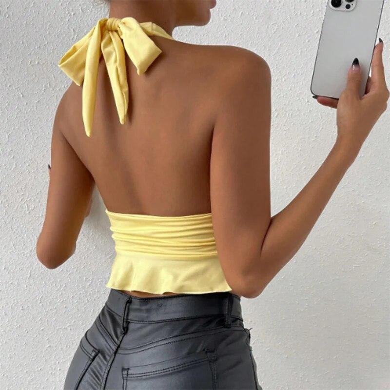 Women's Sexy Tight Fitting Deep V-neck Pleated Top Tight Fitting 2025 Spring Beach Resort Nightclub New Model Women's Sexy Tigh