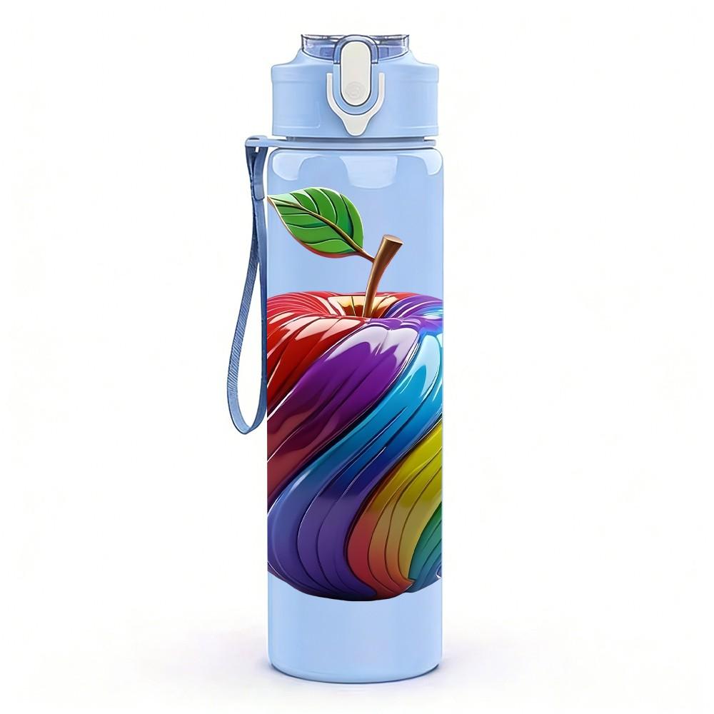 1PC Rainbow Marble Apple Fruit Print 750ml Color Plastic Sports Water Bottle Leakproof Flip Straw Lid Suitable for Sports Office Home Use