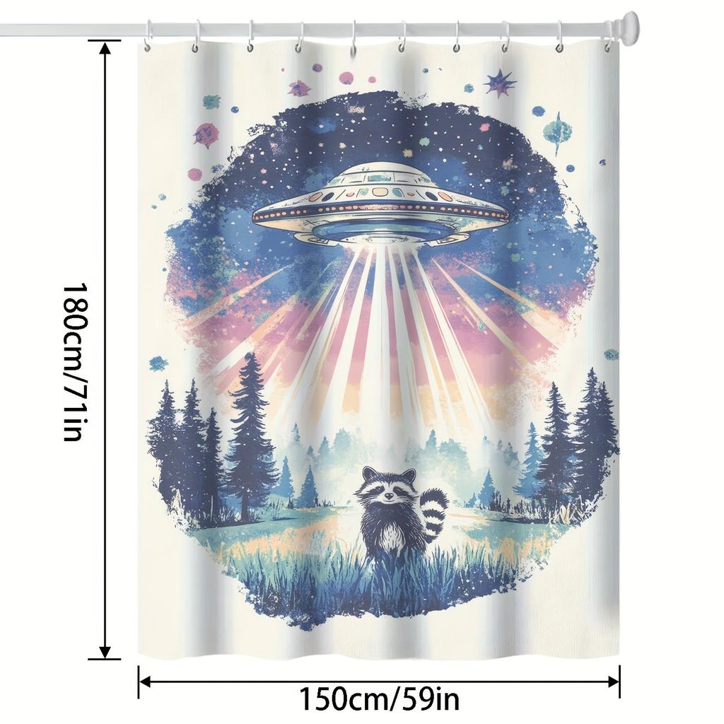 Retro Sci-Fi UFO & Raccoon Shower Curtain - Whimsical Space Theme, Digital Print,  Includes Hooks, Machine Washable
