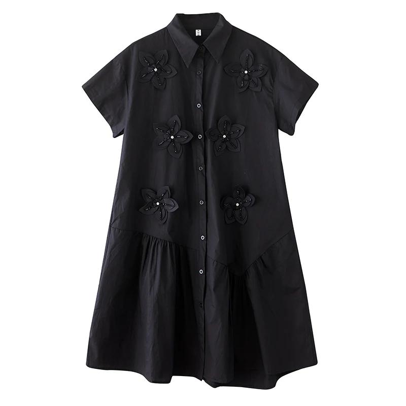 

XITAO Flower Turn-down Collar Short Sleeve Dress ZMY1386 One Size чёрный
