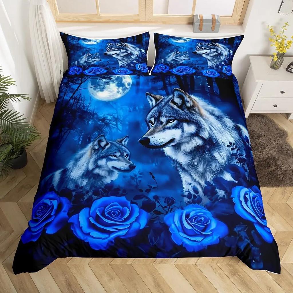 Wolf Duvet Cover Twin King Size, Roaring Wolves Wildlife Bedding Set Aurora Animals Galaxy Print Comforter Cover for Kids Boys