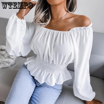 Long-sleeved Chiffon Blouse  Women's One-shoulder Strapless Waist-skimming Ruffle Shirt Short Section Bottoming Tops
