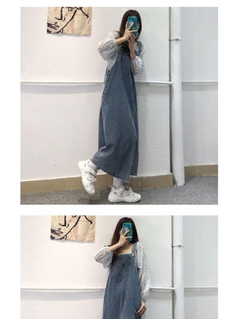 Autumn Women's Retro Loose-Fit Denim Overall Dress with Irregular Slit