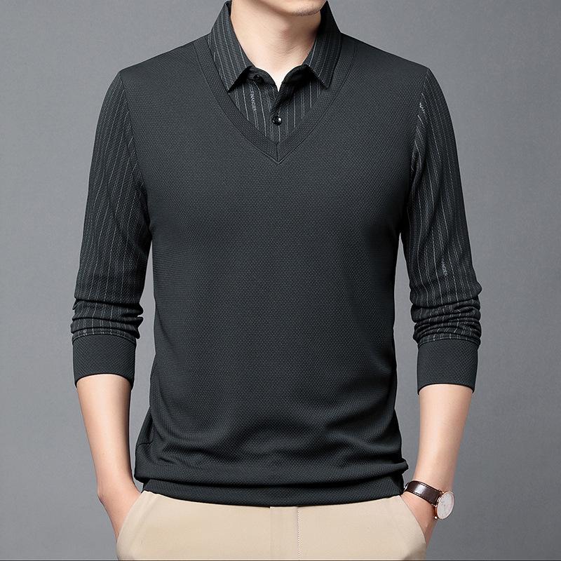 Fake Two-piece Autumn Men's New Style Lapel Striped Long-sleeved T-shirt Middle-aged Business Casual Comfortable Top Trendy Men's T-shirt