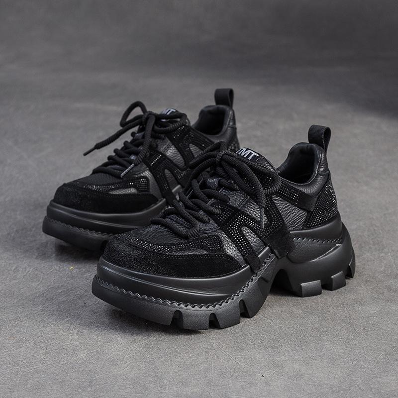 Fashion GKTINOO 2025 Autumn New Breathable Rhinestones Thick soled Sneakers Genuine Leather Lace-up Casual Women's Shoes