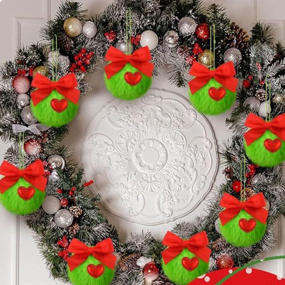 12Pcs Furry Christmas Green Elf Ball 6cm Soft Green Christmas Balls DIY with Bow and Heart Christmas Tree Hanging Decoration