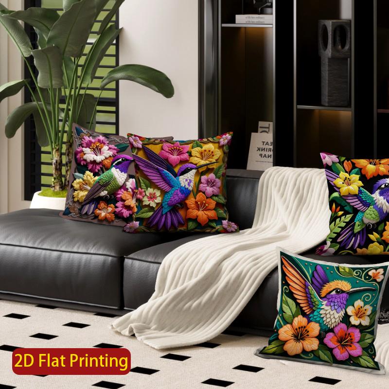 2D Hummingbird Floral Print Decorative Pillow Covers Pattern Cushion Cover Suitable For Sofa Bedroom Car Pillow Cover