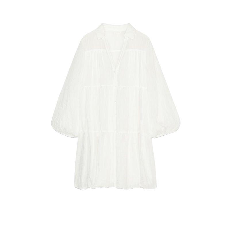 

Spring New Women clothes Pleat Decorative Long sleeve Layered Patchwork Lapel Simple Short Dress 3897058 raw white L