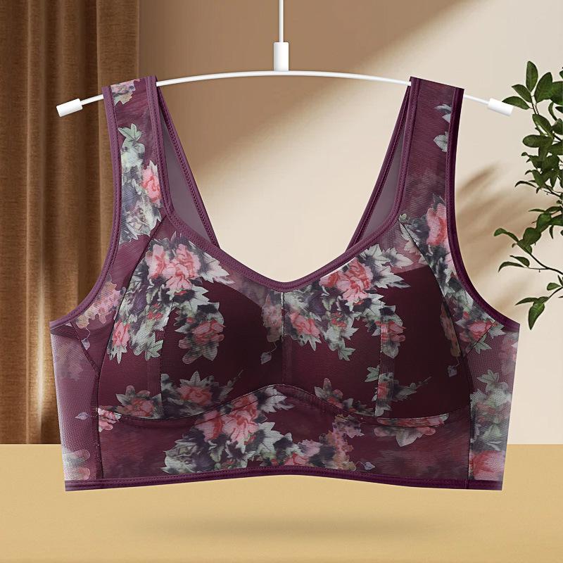 Middle-aged and Elderly Large Size Bra Gathered Comfortable Mesh Back One-piece Fixed Cup Without Steel Ring Underwear
