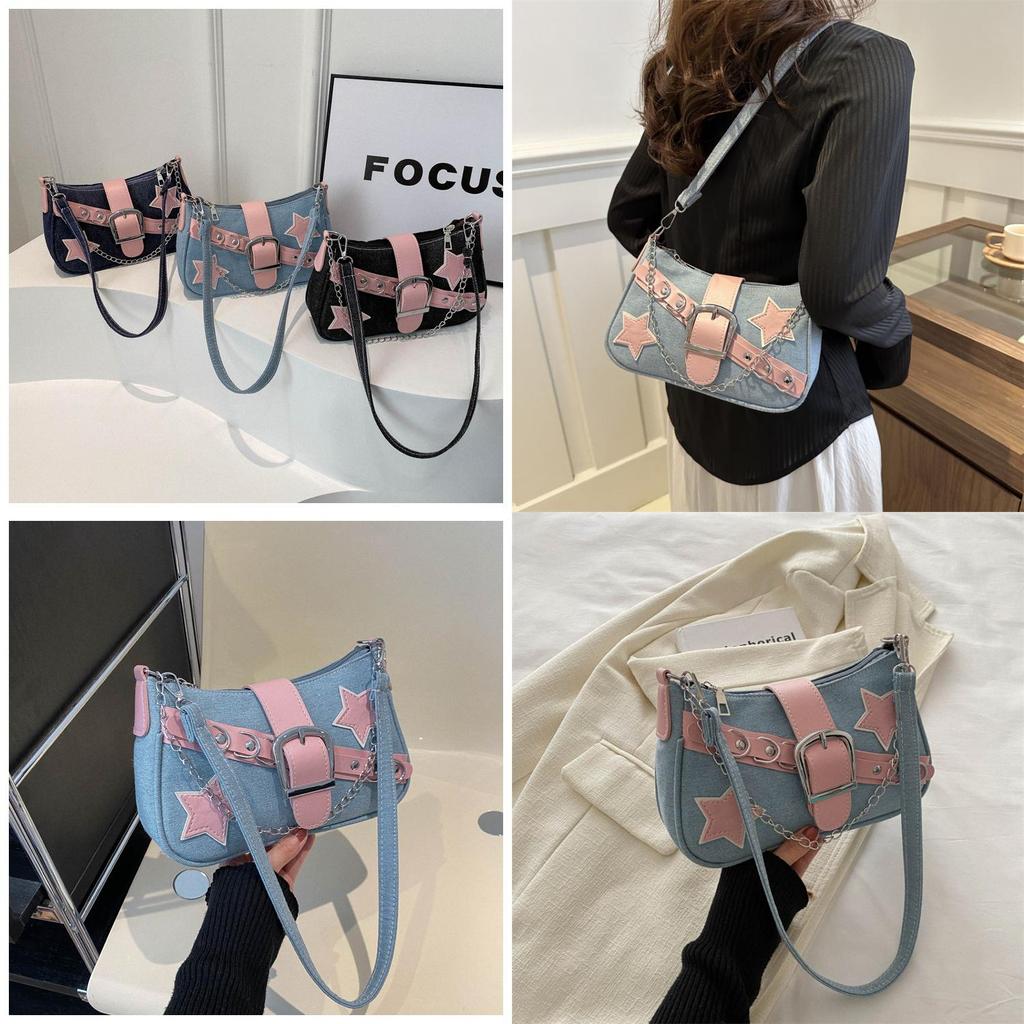 2024 Women's Spring Korean Style Armpit Bag Street Chic Denim Shoulder Bag Casual Small Square Bag Trendy Chain Bag Black