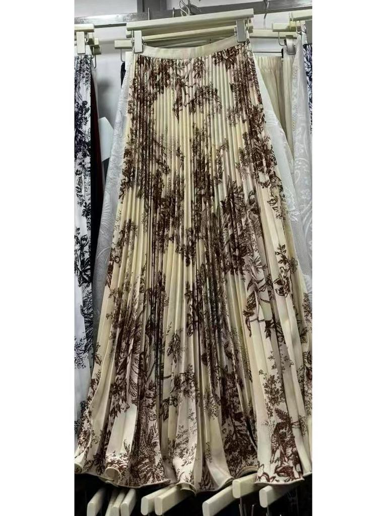 Multicolor Korean Style Chiffon High Waist Pleated Polka Dot Midi Skirt