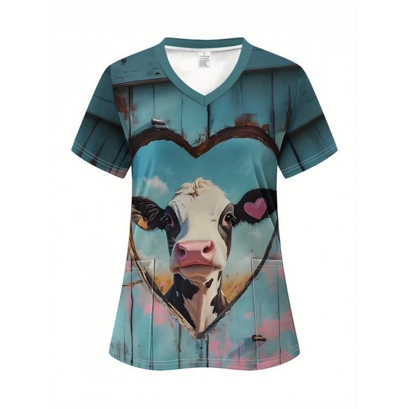 Womens V-Neck Short Sleeve T-Shirt With 3D Print Design Lightweight Breathable Casual Daily Wear