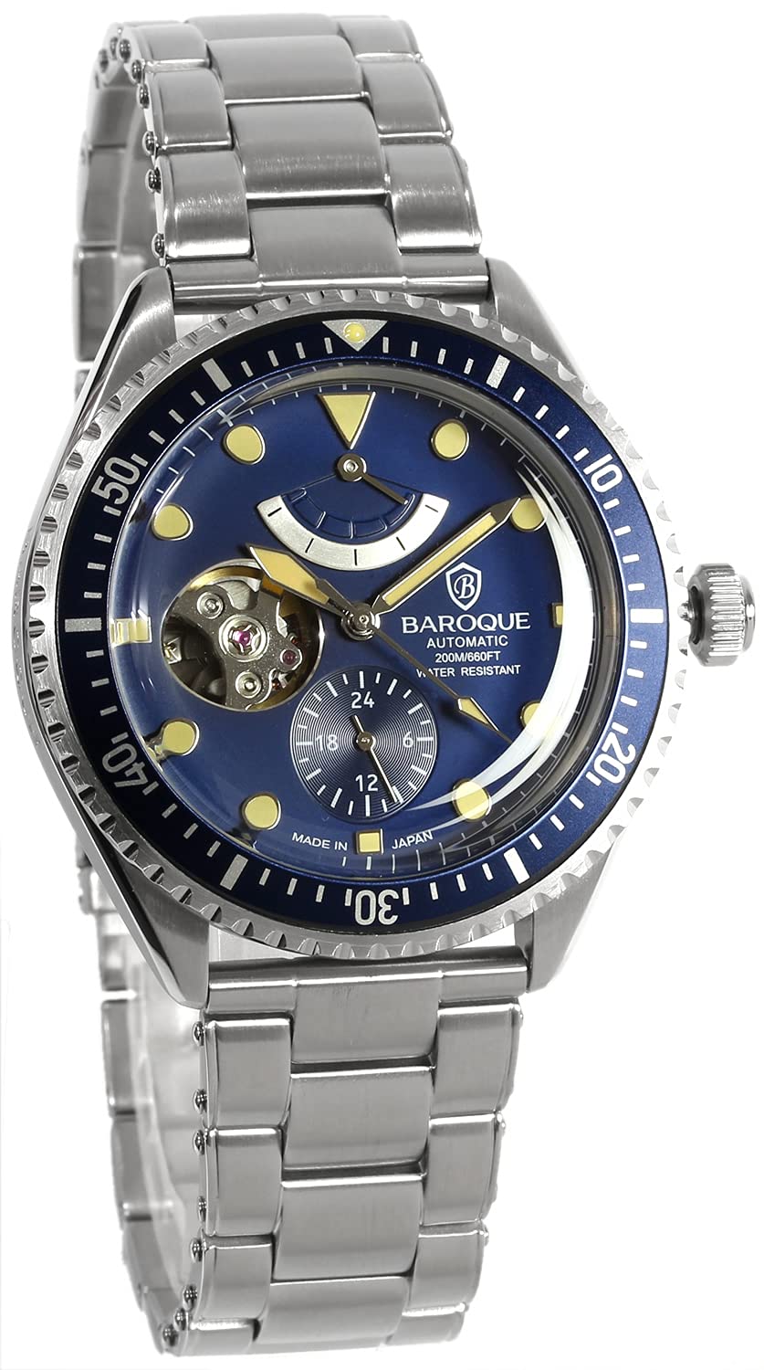 

Часы Baroque Watch с автоматическим заводом, сделаны в Японии, скелетон, ремешок из нержавеющей стали, запас хода, зеленые [BAROQUE], мужские, для дайвинга BA3006S-19M синий