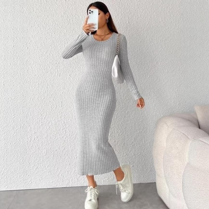 Women s Round Neck Waist-Cinching Sexy Long Sleeve Hip-Hugging Dress for Spring and Autumn XL