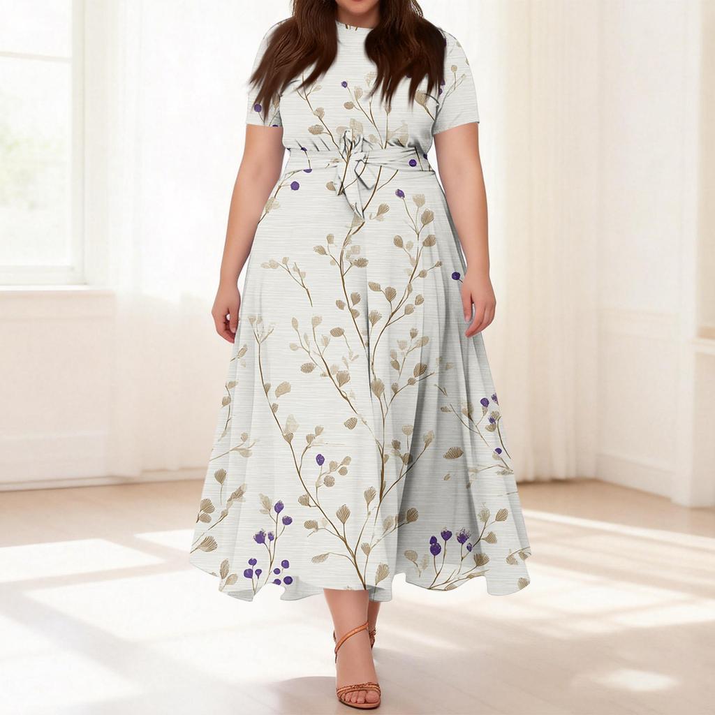 Abito Casual da Donna Taglie Forti Stampa Floreale Retro Girocollo Manica Corta Tasca Cintura Cravatta