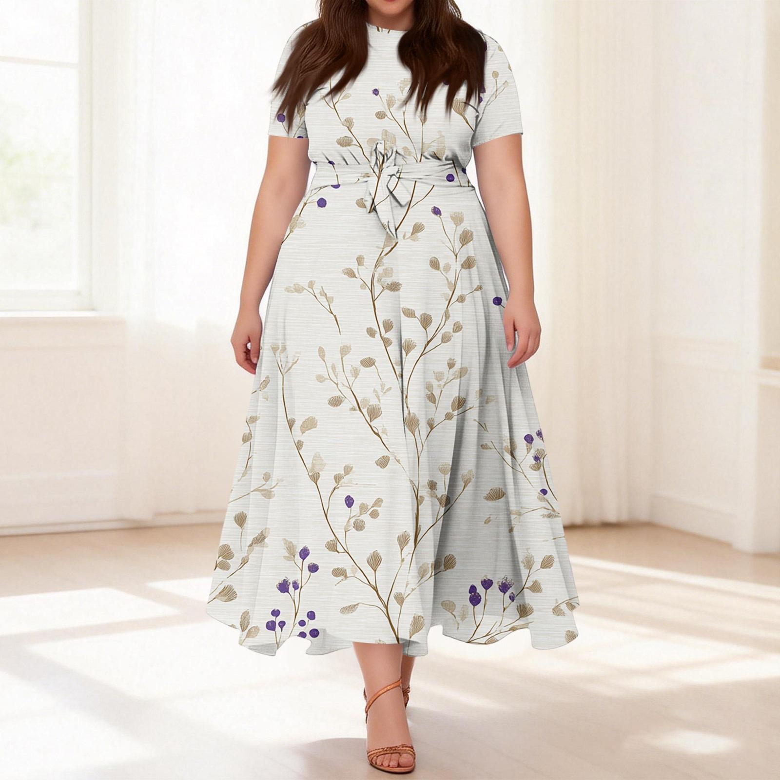 Women s Casual Fashion Plus Size Retro Floral Print Round Neck Short Sleeve Pocket Tie-Waist Dress L чёрный