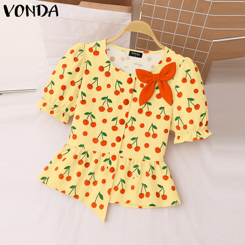 VONDA Summer Ladies Puff Sleeve Floral Print Casual Rumple Short Blouse