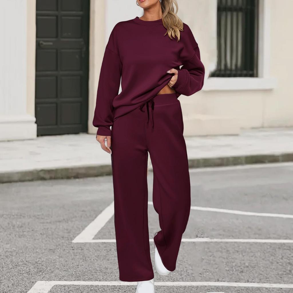 Women's Sports Suit: Solid Color Pullover, Drawstring Straight-leg Sweatpants, Women's Two-piece Casual Suit