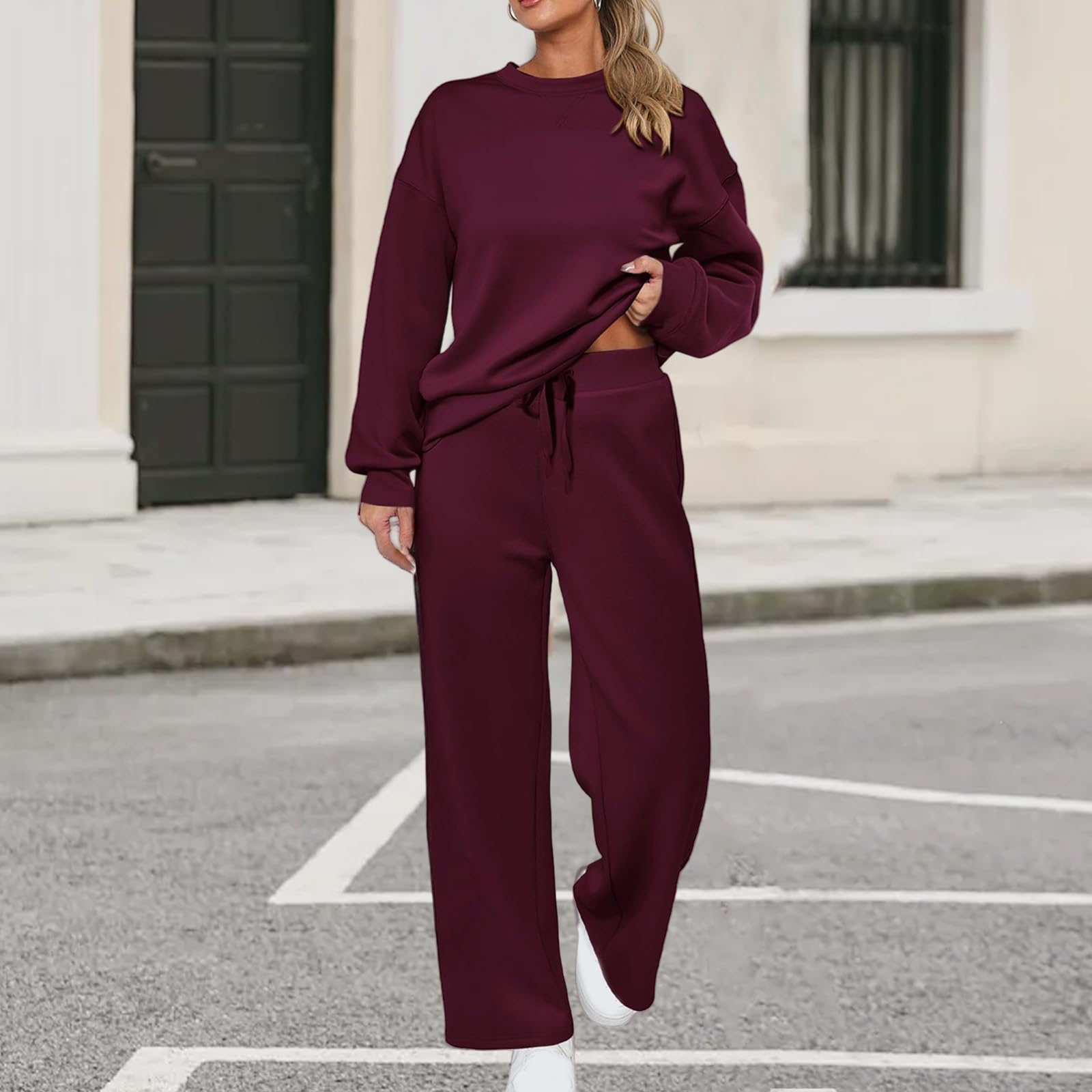 

Women s Sports Suit: Solid Color Pullover, Drawstring Straight-leg Sweatpants, Women s Two-piece Casual Suit XXL винний