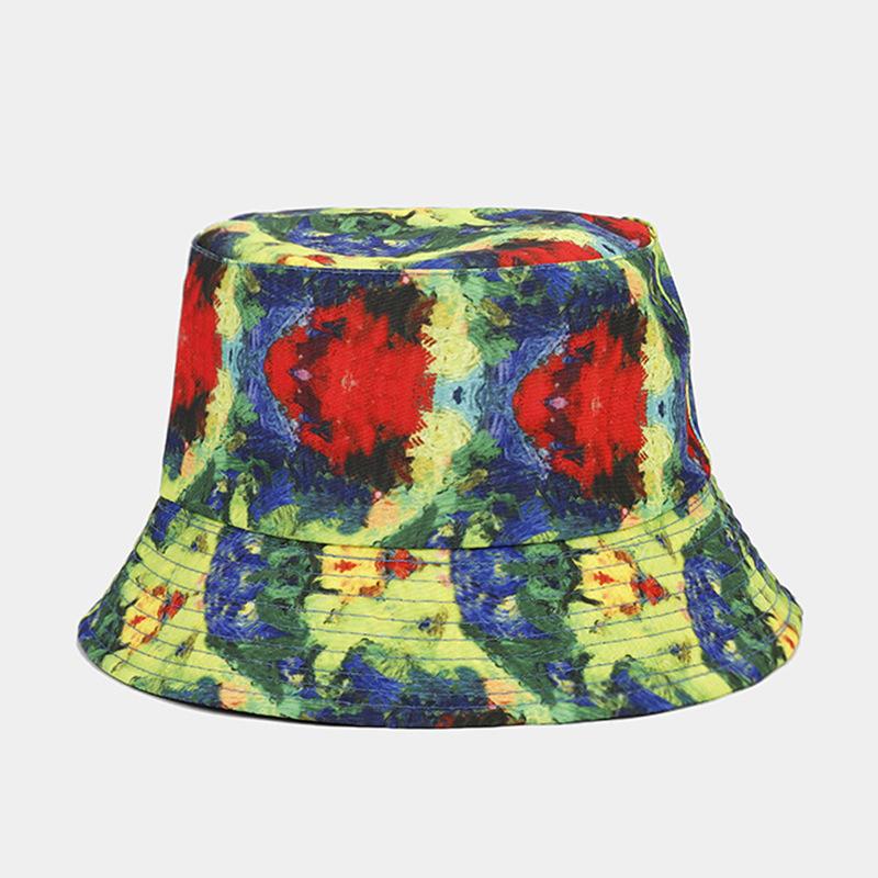 European and American new creative oil painting style double-sided bucket hat female tide travel shopping sun hat male leisure basin hat