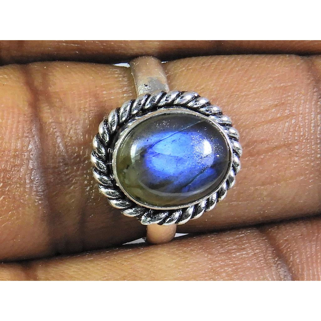Natural Blue Labradorite Gemstone 925 Solid Sterling Silver Ring Size US-7 PG-143
