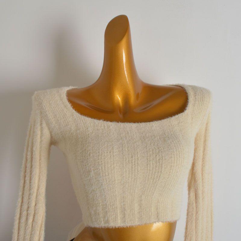 Fall and Winter Mink Velvet Sexy Square Collar Sweater Knitwear Women's Clothing Silm Short Sexy Lace Lace-up Long Sleeve Tops