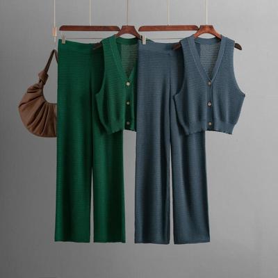 Mode Gebreide Set Dames Zomer V-hals Mouwloze Tanktop Hoge Taille Rechte Pijp Broek Tweedelige Set