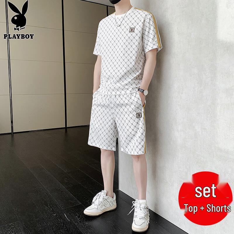 Playboy Men s Ice Silk Short Sleeve T-Shirt & Shorts Set 2XL