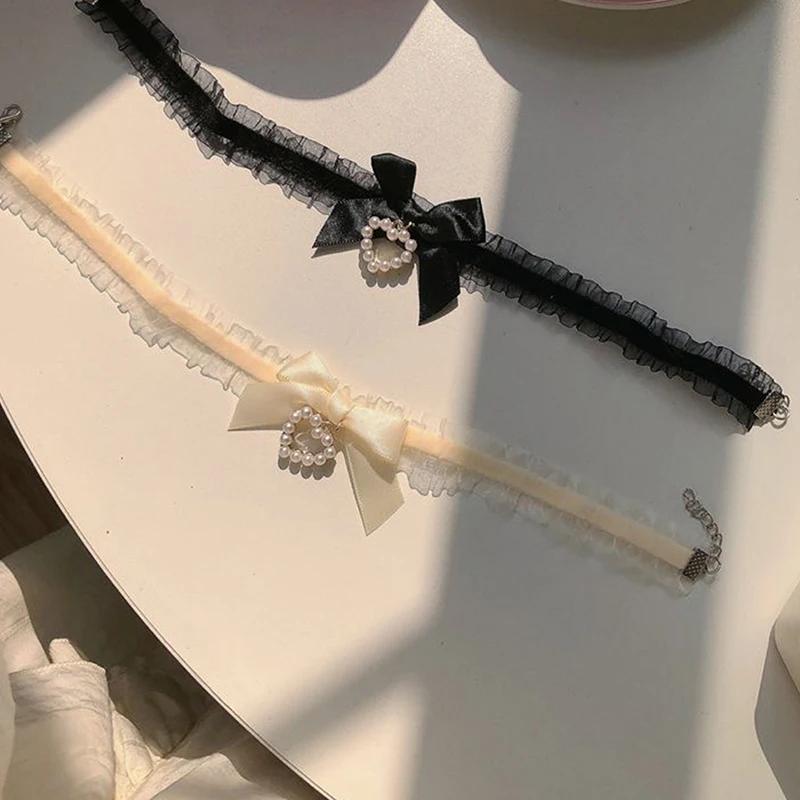 Kadın Sevimli Yaka Lolitas El Yapımı Vintage Dantel Kalp Gerdanlık Kadınlar Için Gotik Yay Düğüm Kolye Kızlar Üniforma Aksesuarları