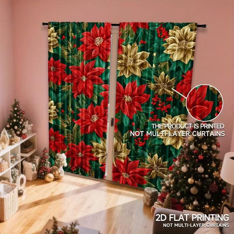 2pcs Poinsettia Christmas Curtains Elegant Design Polyester Window Decor for Holiday Bathroom Living Room Rod Pocket Curtains