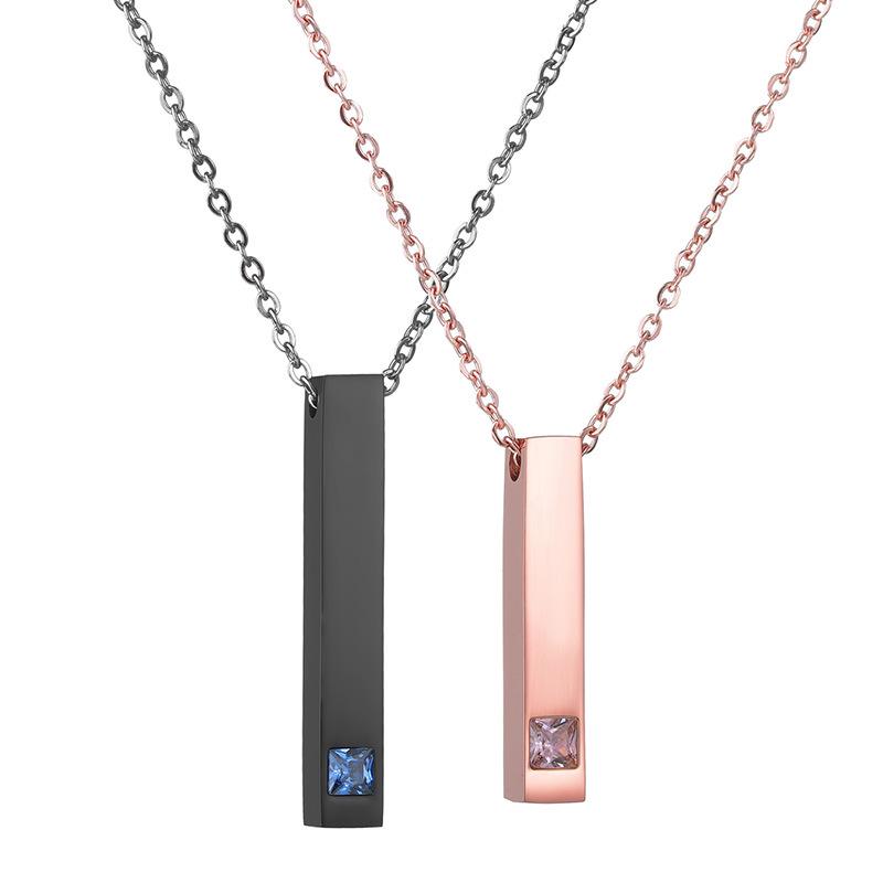Titanium Steel Rectangular Cylinder Pendant with Four-Sided Laser Engraving In Rose Gold and Diamond for Couples