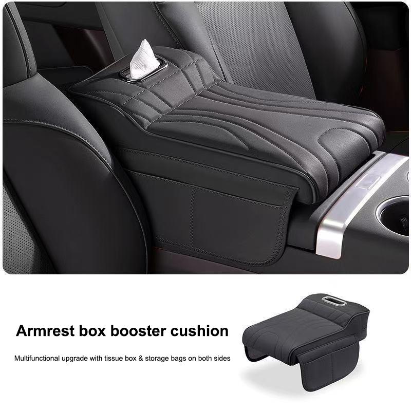 Car Center Console Armrest Cushion with Tissue Box Holder - Thickened Padding & Side Extension for Long-Drive Comfort