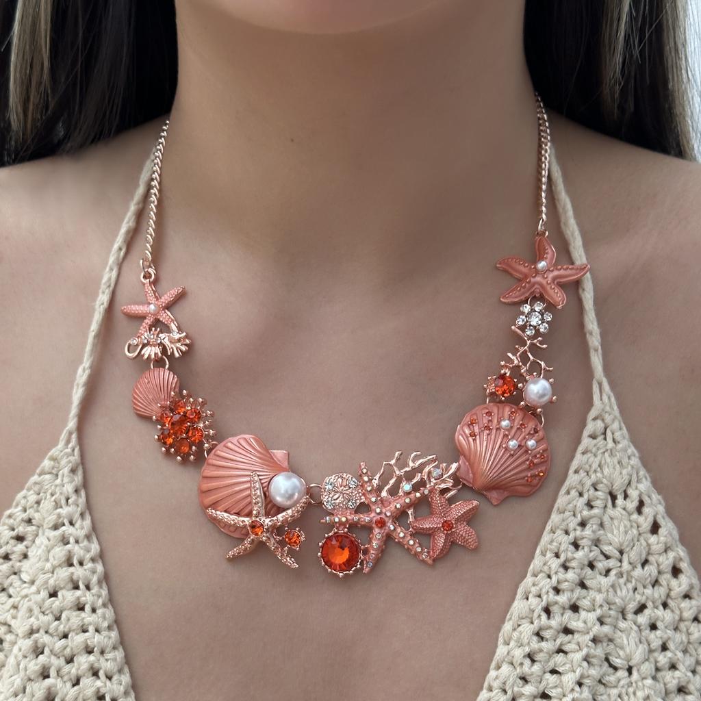 Boho Übertriebener Metall Seestern Muschel Perlen Halskette für Frauen Ozean Koralle Kammmuschel Anhänger Halskette Sommer Strand Schmuck Geschenk