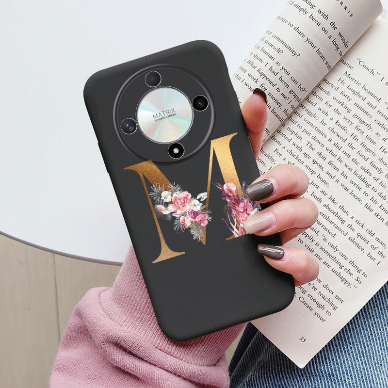 Buchstaben-Handyhülle für Honor X9b X9a Magic5 Lite Magic6 Lite 5G Hülle Retro-Blumen Rosa Schwarz Weiches TPU Initialen Silikon Fundas