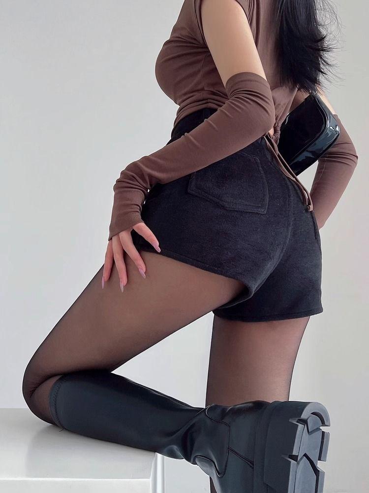 Sexy šortky Dámské Zimní Móda Nové Nepravidelný Vysoký Pas Pevné Tenké Zavinování Boky Šortky Kapsy Streetwear Dámské Běžné